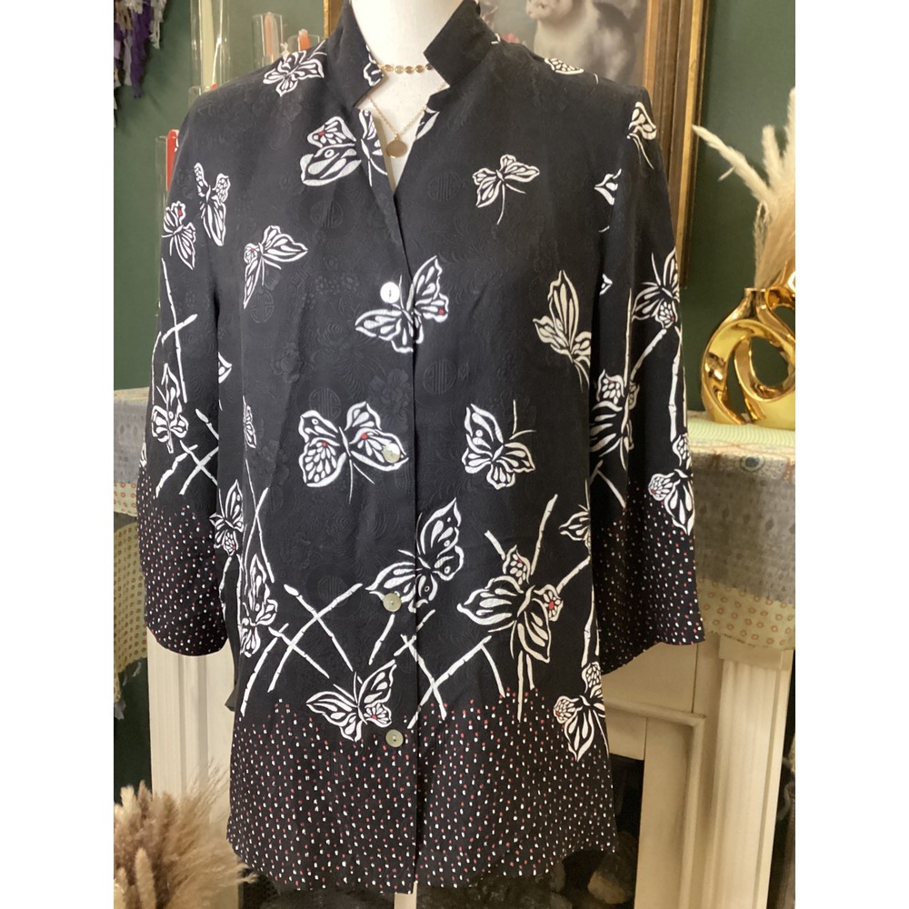 What If...? 100% Silk Butterfly Jacquard Mandarin Collar Blouse Black Medium